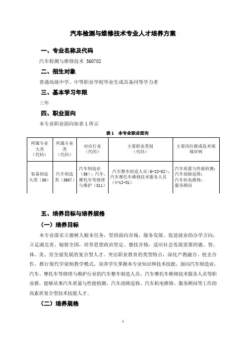 汽车检测与维修技术专业人才培养方案