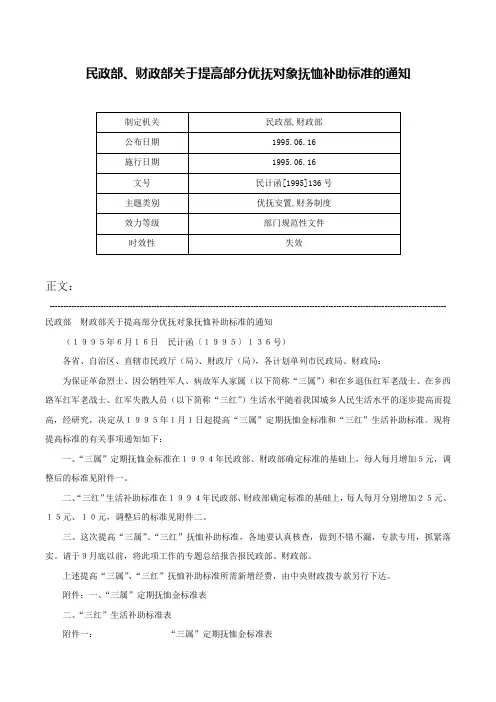 民政部、财政部关于提高部分优抚对象抚恤补助标准的通知-民计函[1995]136号
