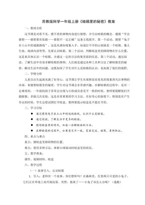 苏教版科学一年级上册《暗箱里的秘密》教案