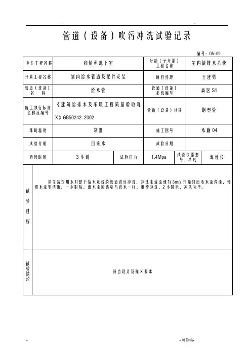 管道设备吹污冲洗试验记录