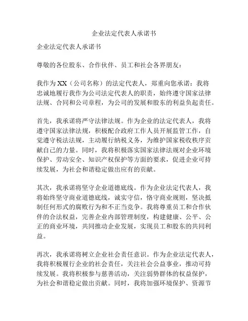 企业法定代表人承诺书