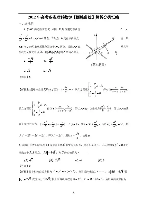 2012年高考各省理科数学【圆锥曲线】试题解析分类汇编