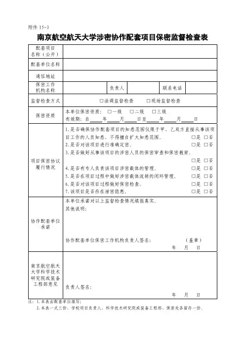 涉密协作配套项目保密监督检查表