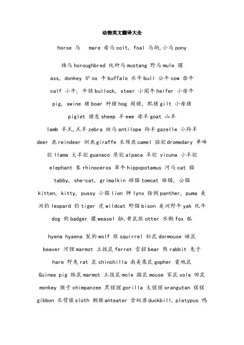 各种动物的英文翻译
