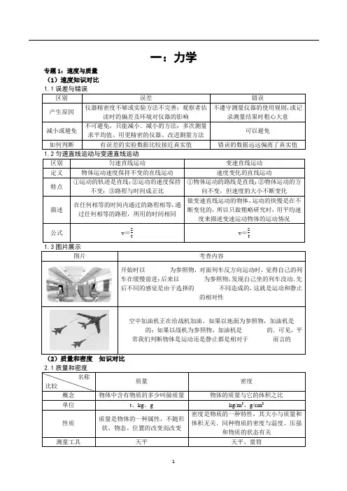 中考物理知识点表格总结专题