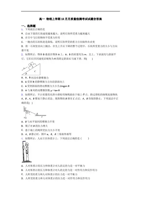 高一 物理上学期10月月质量检测考试试题含答案