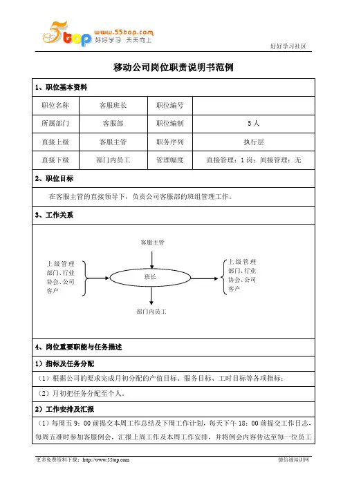 移动公司客服班长岗位职责说明书