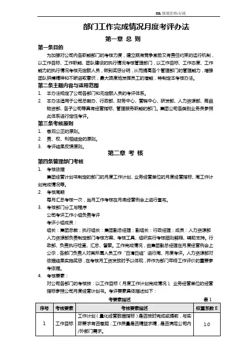 部门工作完成情况月度考评办法