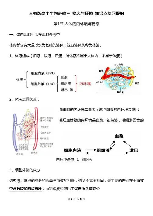 人教版高中生物必修三 稳态与环境 知识点复习提纲(全面)