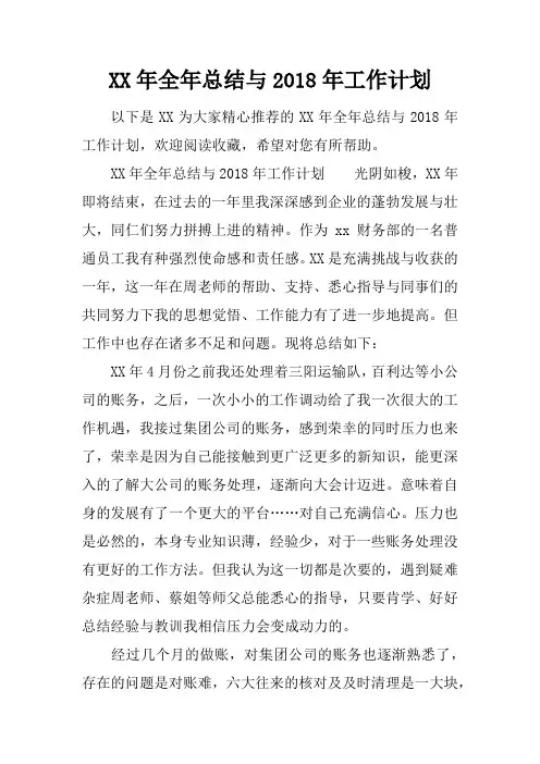 XX年全年总结与2018年工作计划