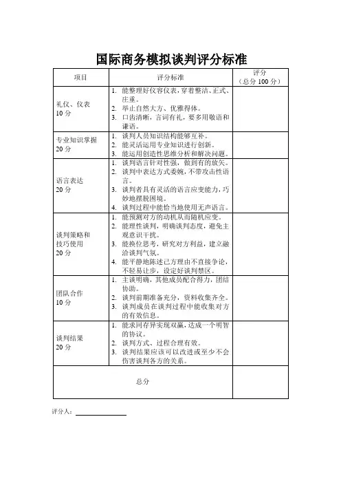 国际商务模拟谈判评分标准