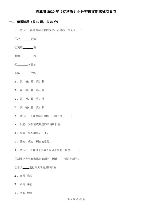 吉林省2020年(春秋版)小升初语文期末试卷B卷精编