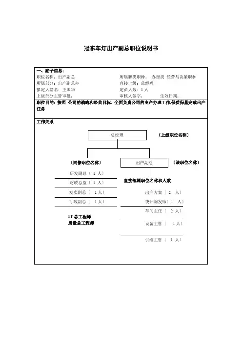 冠东车灯生产副总职位说明书