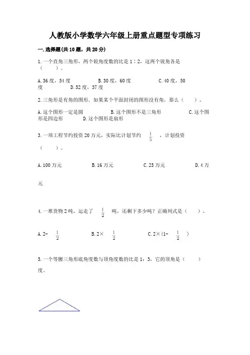 人教版小学数学六年级上册重点题型专项练习含解析答案
