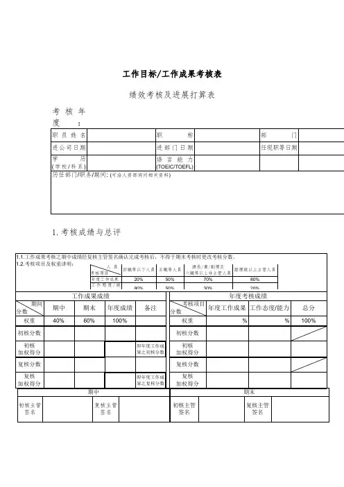 工作目标工作成果考核表