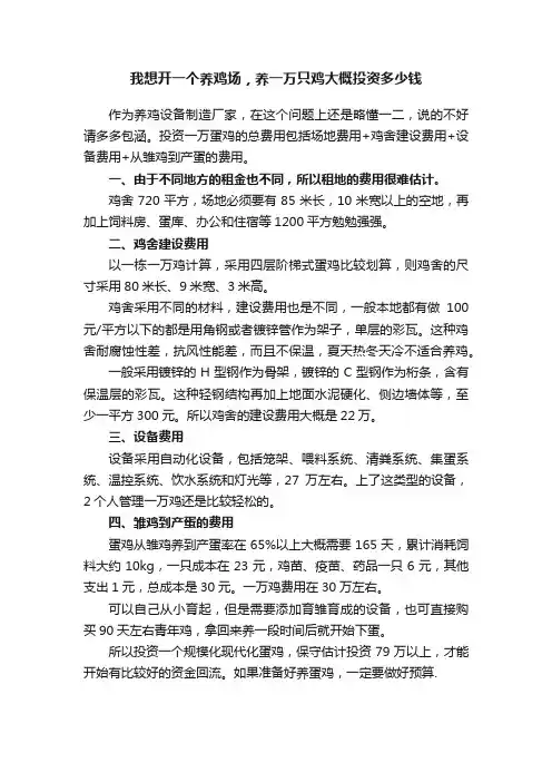 我想开一个养鸡场，养一万只鸡大概投资多少钱