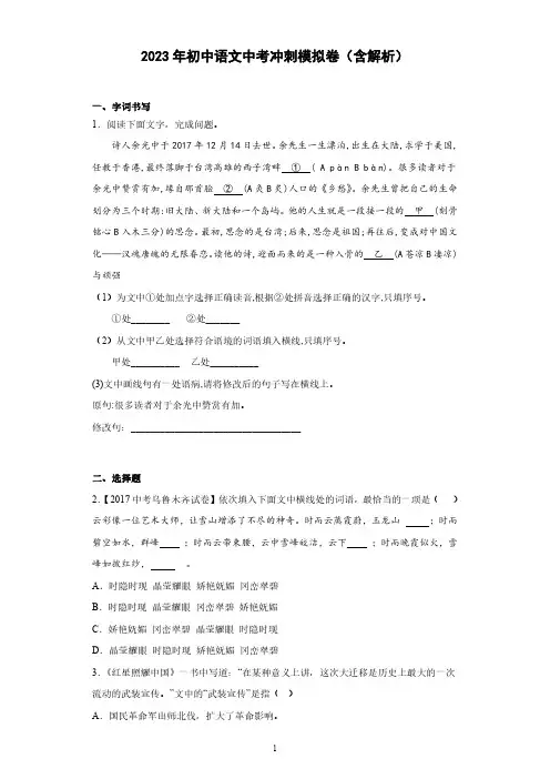 2023年初中语文中考冲刺模拟卷一(含解析)