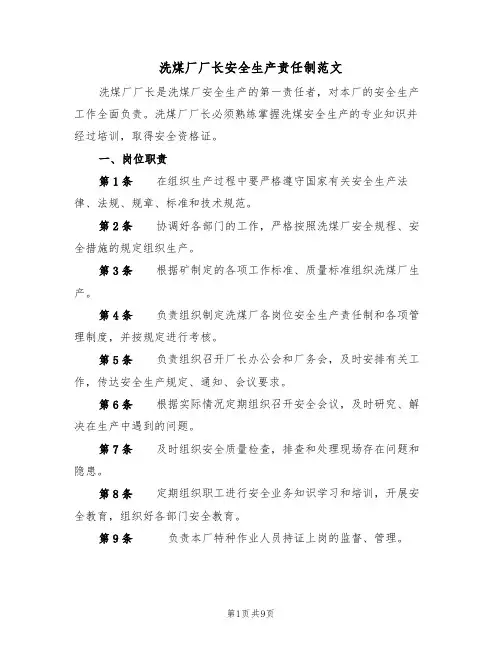 洗煤厂厂长安全生产责任制范文（3篇）