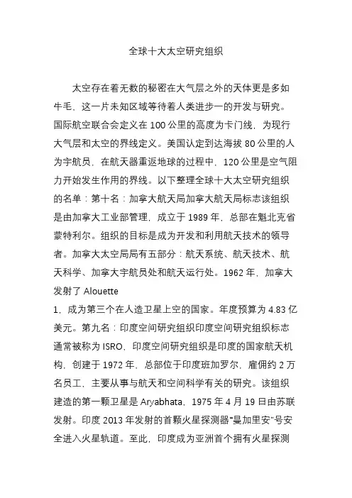 全球十大太空研究组织