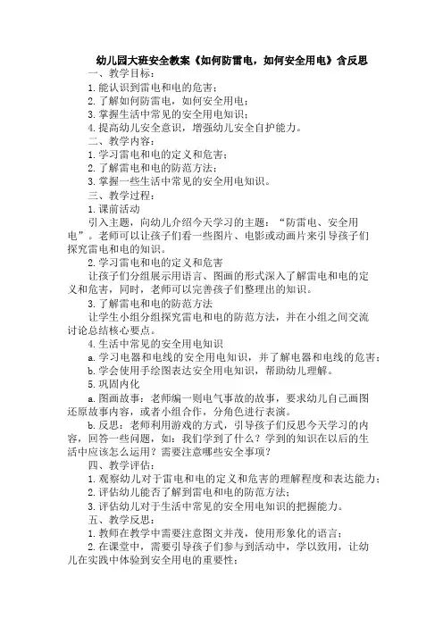 幼儿园大班安全教案《如何防雷电,如何安全用电》含反思