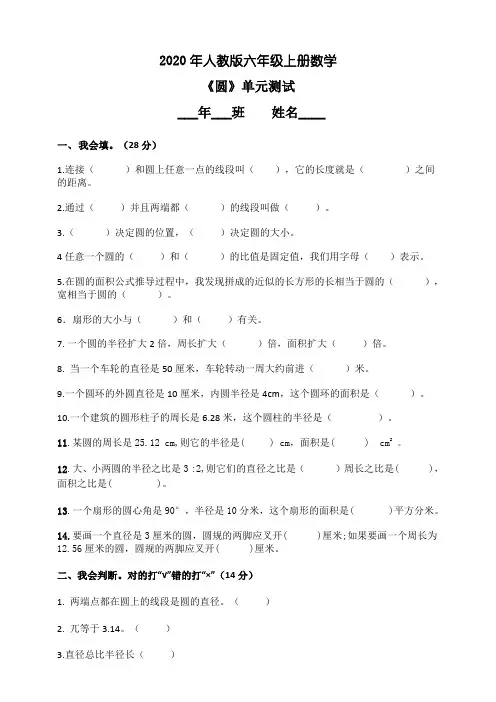 2020年六年级上册数学试题--圆专项测试卷 人教版(含答案)