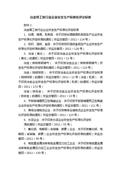 冶金等工贸行业企业安全生产标准化评定标准