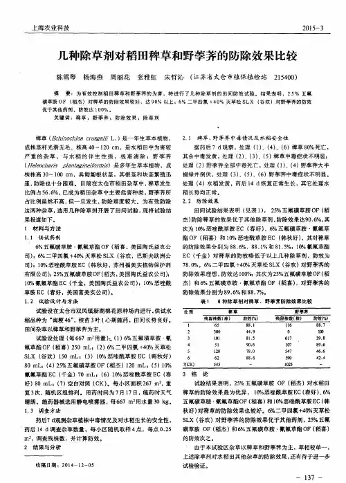 几种除草剂对稻田稗草和野荸荠的防除效果比较