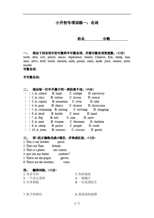 小升初英语专项训练一：名词