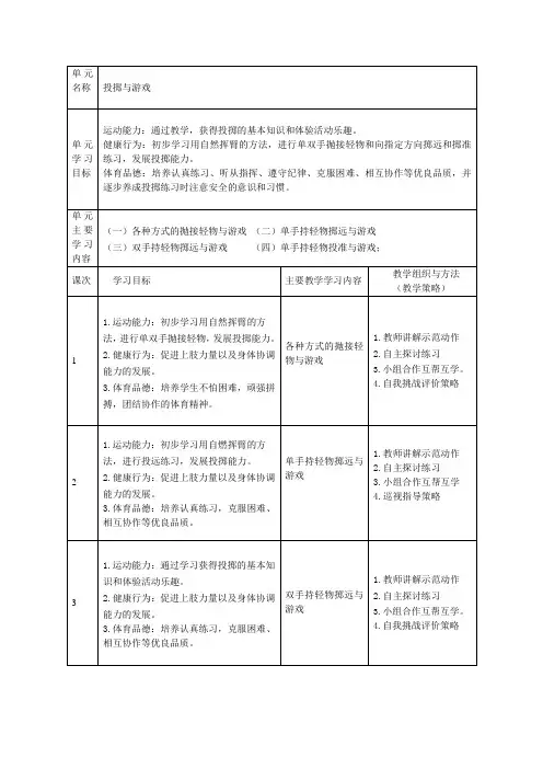 小学体育与健康一年级投掷与游戏大单元教学设计