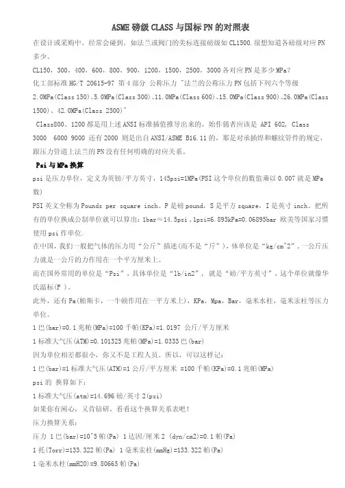 ASME磅级CLASS与国标PN的对照表