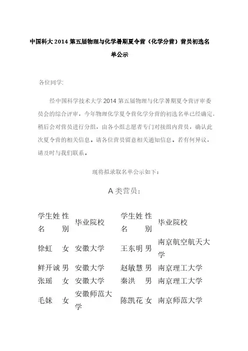 【免费下载】中国科大第五届物理与化学暑期夏令营化学分营营员初选名单公示