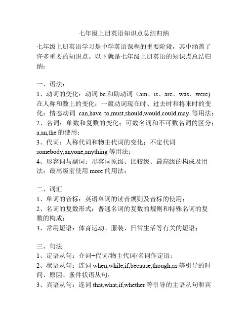 七年级上册英语知识点总结归纳