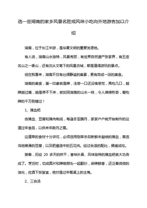 选一些湖南的家乡风景名胜或风味小吃向外地游客加以介绍
