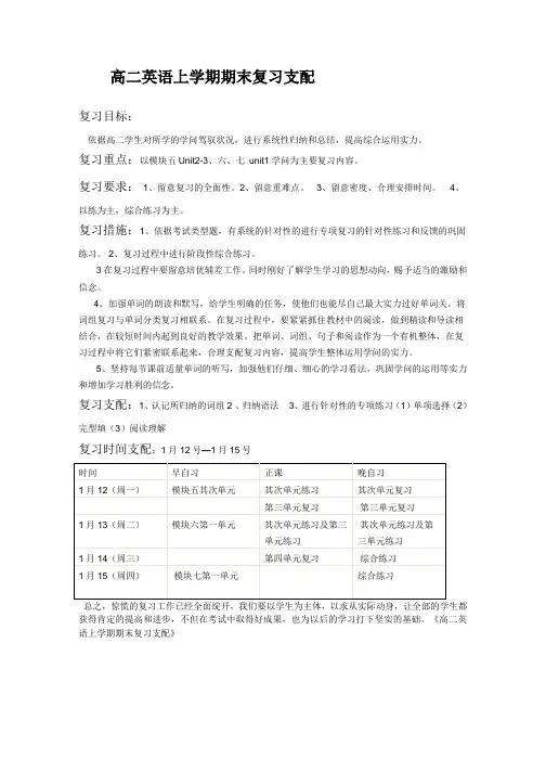 高二英语第一学期期末复习计划