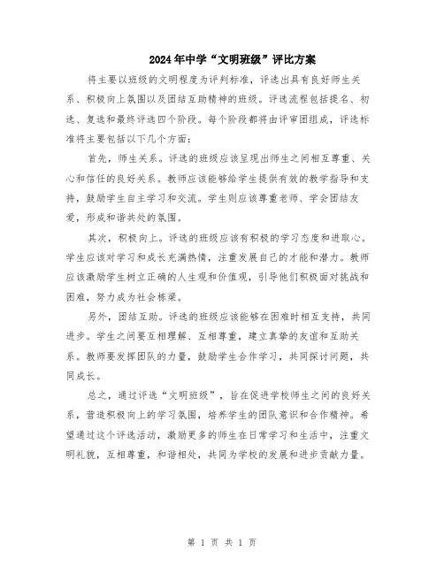 2024年中学“文明班级”评比方案