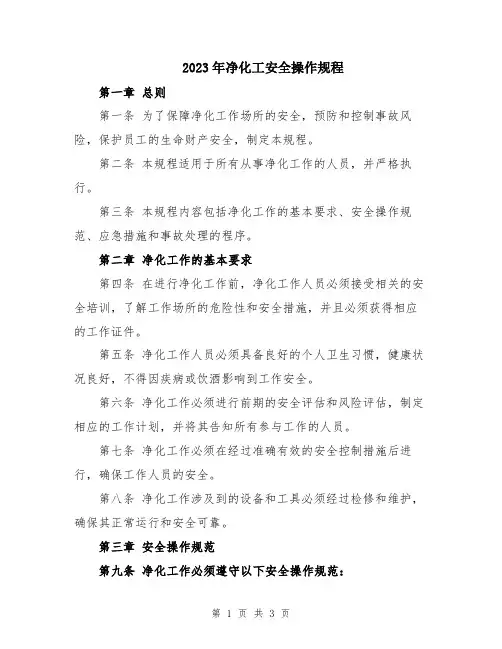 2023年净化工安全操作规程