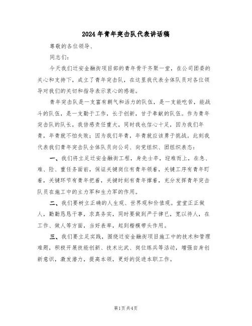 2024年青年突击队代表讲话稿(二篇)