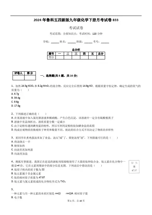 2024年鲁科五四新版九年级化学下册月考试卷833