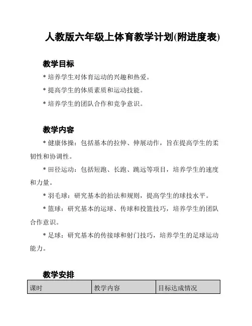 人教版六年级上体育教学计划(附进度表)