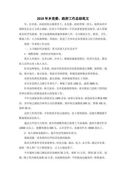 最新-2019年乡党委、政府工作总结范文 精品