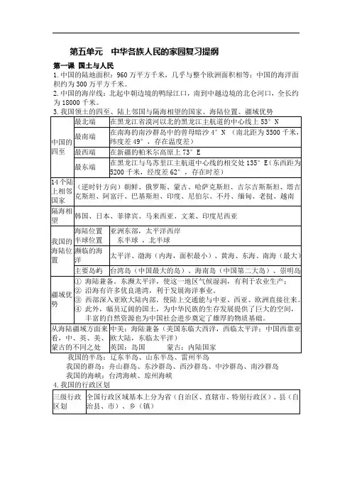 人教版历史和社会七年级下册第五单元 中华各族人民的家园复习提纲