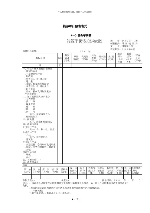 能源统计报表表式