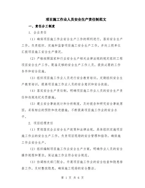 项目施工作业人员安全生产责任制范文（二篇）