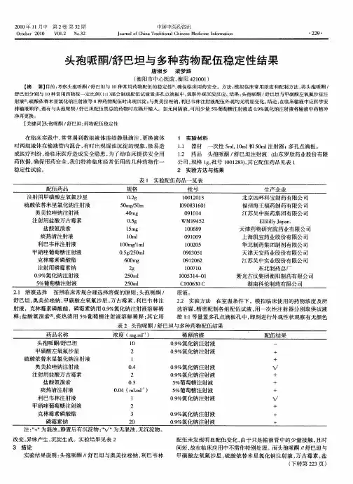头孢哌酮／舍予巴坦与多种药物配伍稳定性结果