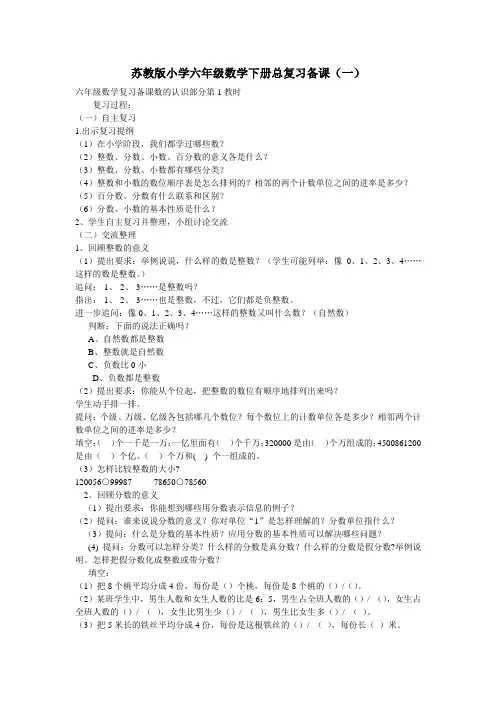 苏教版小学六年级数学下册总复习备课