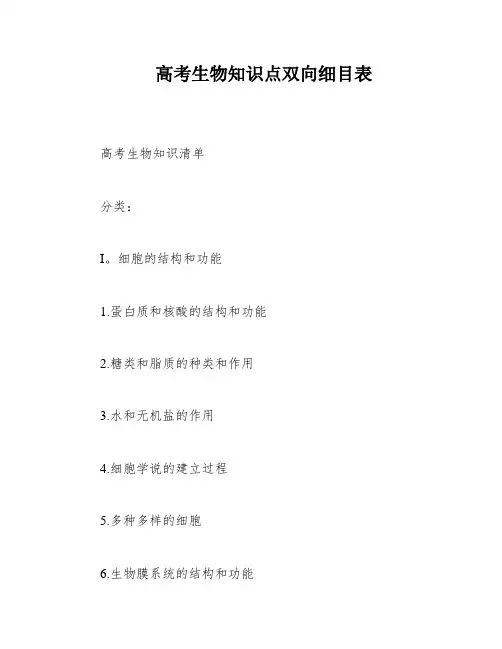 高考生物知识点双向细目表