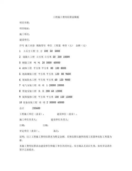 工程施工费用结算表模板