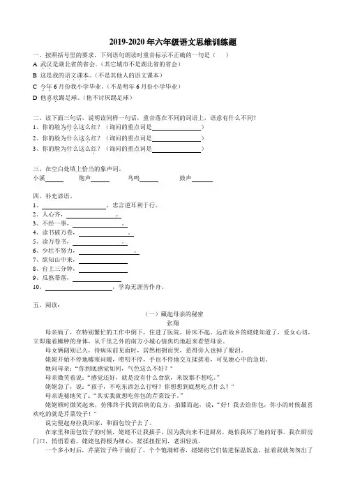 2019-2020年六年级语文思维训练题