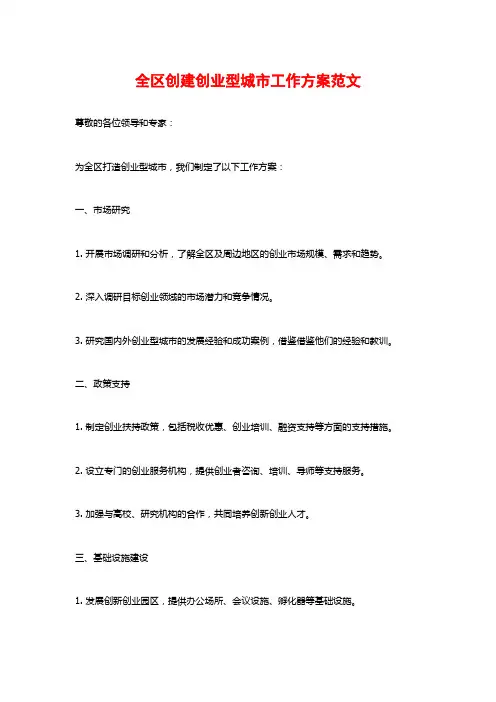 全区创建创业型城市工作方案范文