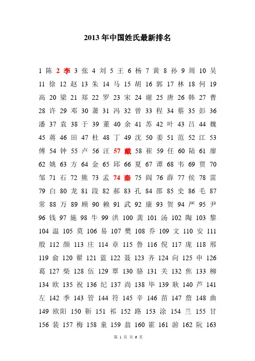 2013年中国姓氏最新排名
